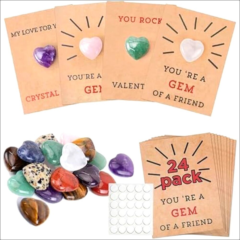 24 Pack DIY Heart Crystal Valentine Cards with Gems for Classroom Party